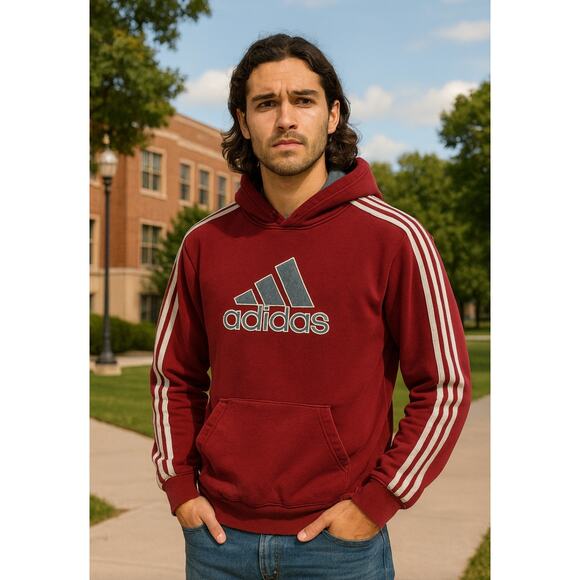 Vintage Y2K Adidas Men's2007 Burgundy 3 Stripe Pullover Hoodie XL 34-36 - Picture 1 of 10